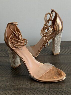 LALA IKAI Women's Gold High-Heeled Sandals Rhinestone-Embellished Size 7.5